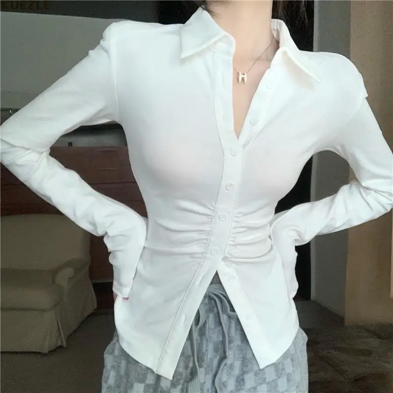 

Sexy White Pleated Nightclub Shirt Long Sleeve Single Breasted Summer Sheer Thin Top Blouses 3XL High Street Tees Shirts Grey