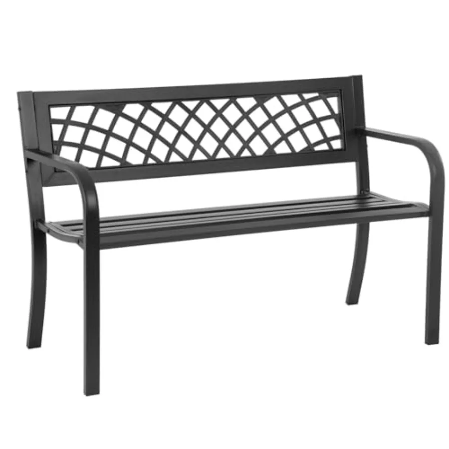 

Outdoor Garden BenchIron Steel Frame Patio Bench with Mesh Pattern and Plastic Backrest Armrests for Porch Lawn Garden Park Yar