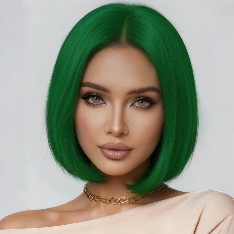 12-inch synthetic trendy green wig, center-parted short hair, suitable for fashionable women who pursue individuality.