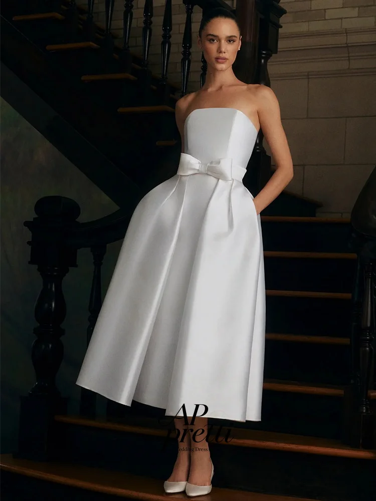 AP pretti Elegant Satin Wedding Dresses Strapless Customized Sleeveless Tea-Length Sheath 2026 Bridal Gown Vestidos Novias Boda