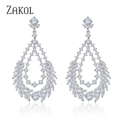 ZAKOL Designe Leaf Cubic Zirconia CZ Dangle Earrings for Elegant Women Bridal Wedding Party Jewelry FSEP2172