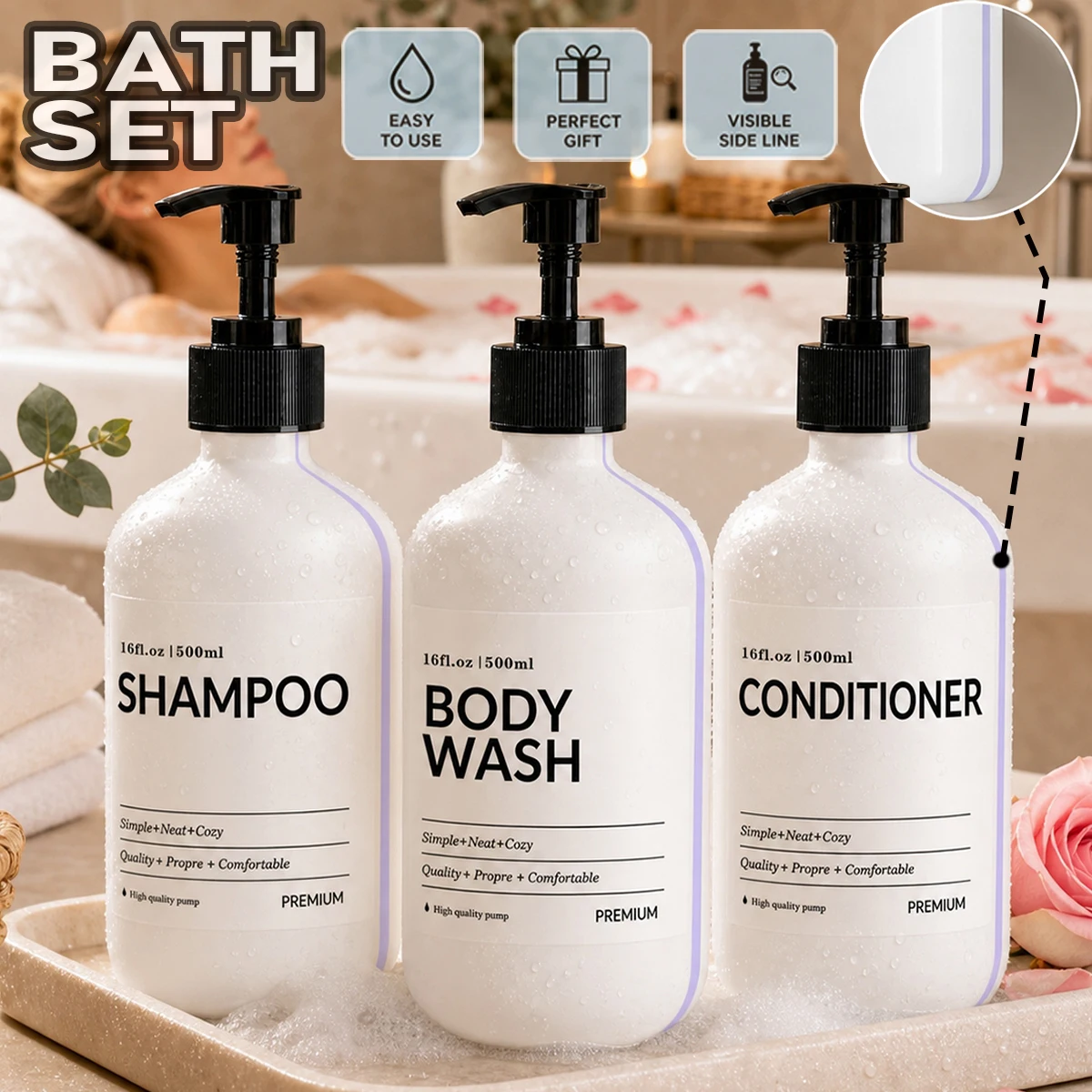 Visible Window Bathroom Soap Dispenser Set - Reusable Shampoo, Bodywash and Conditioner Bottles with Waterproof label, Easy to R