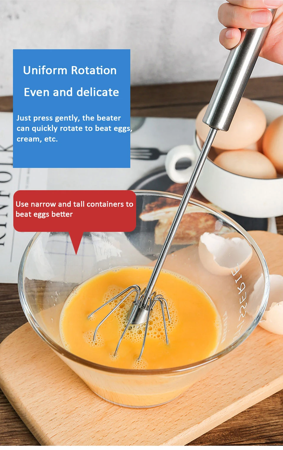 304 Edelstahl Schneebesen halbautomat ische Schneebesen manuelle Hand mixer selbst drehende Eier rührer Küchen zubehör Eier werkzeuge – Detail 3