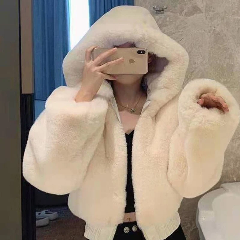 Cozy Women Faux Fur Jacket Hooded Plush Coat Zip Up Fluffy Long Sleeve Cropped Winter Warm Preppy Cute Outerwear Top