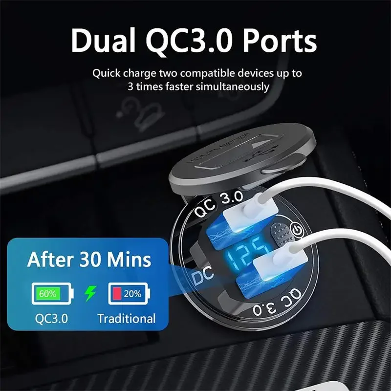 12/24V Aluminium Metal 36W QC3.0 Dual USB Car Motor Charger Socket Waterproof  With Voltmeter Switch Fast Quick Charge Adapter