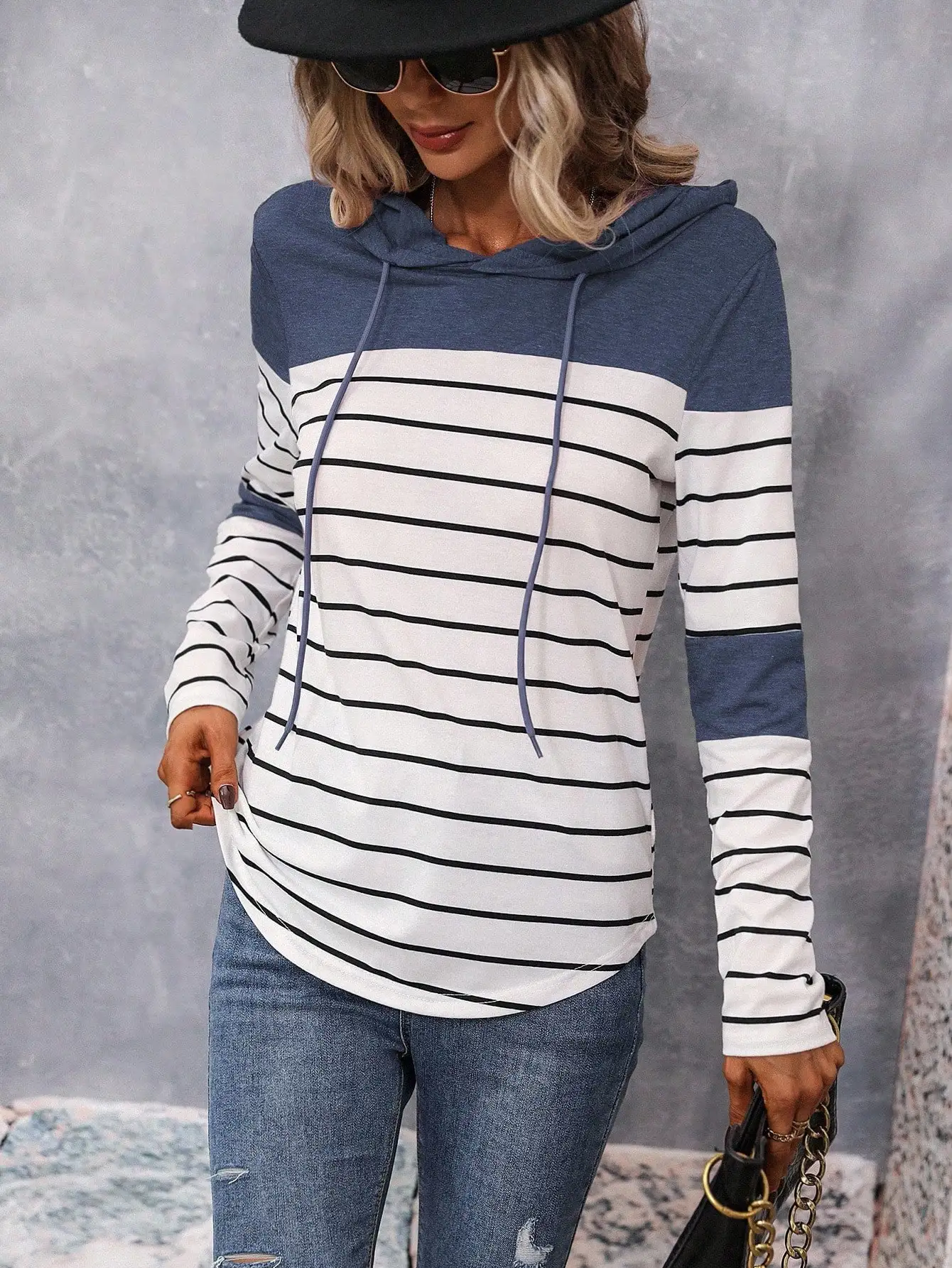 

Striped Color Block Drawstring Hoodie for Women, Long Sleeve Casual Pullover, Spring Fall Outfit