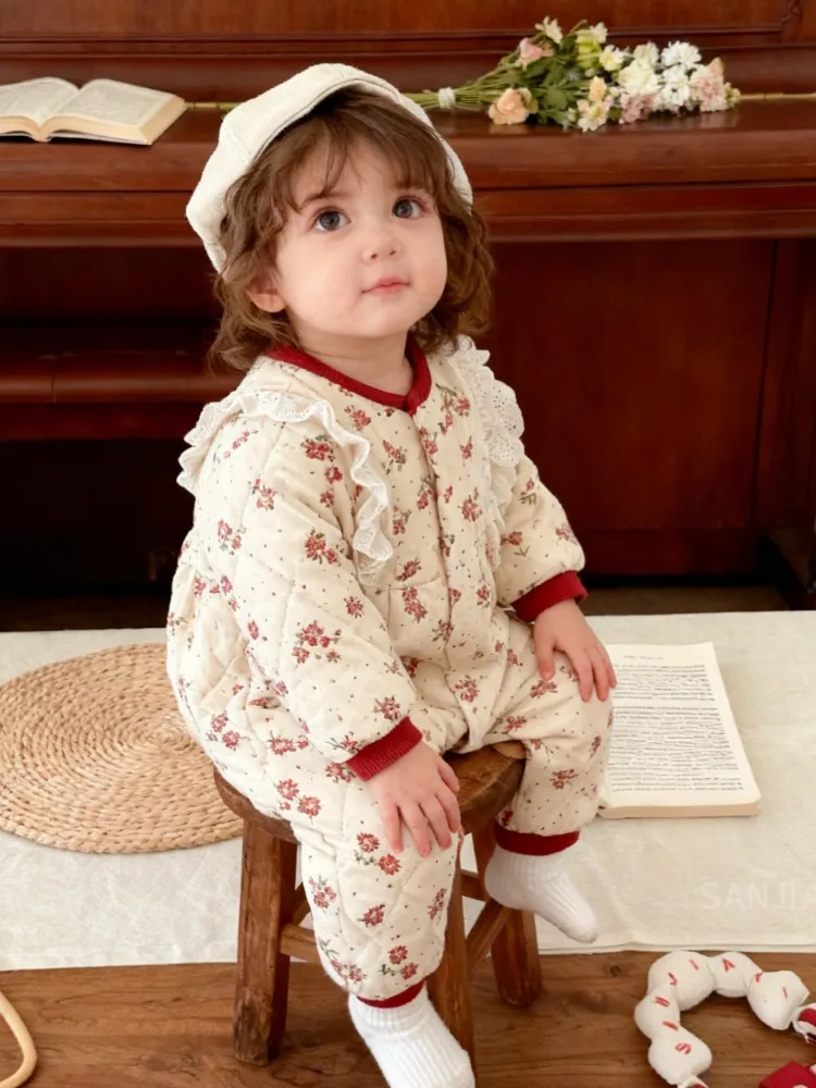 

Baby clothes autumn and winter Rompers cotton jumpsuit women's baby floral and velvet princess clothing winter warm outdoor