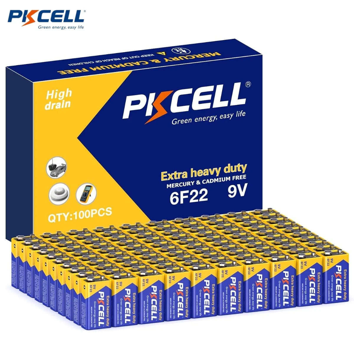 100 аккумуляторов Pkcell 6F22 PP3, сверхдолговечные 9-вольтовые аккумуляторы из углеродного цинка MN1604 EN22, аккумулятор для детектора дыма