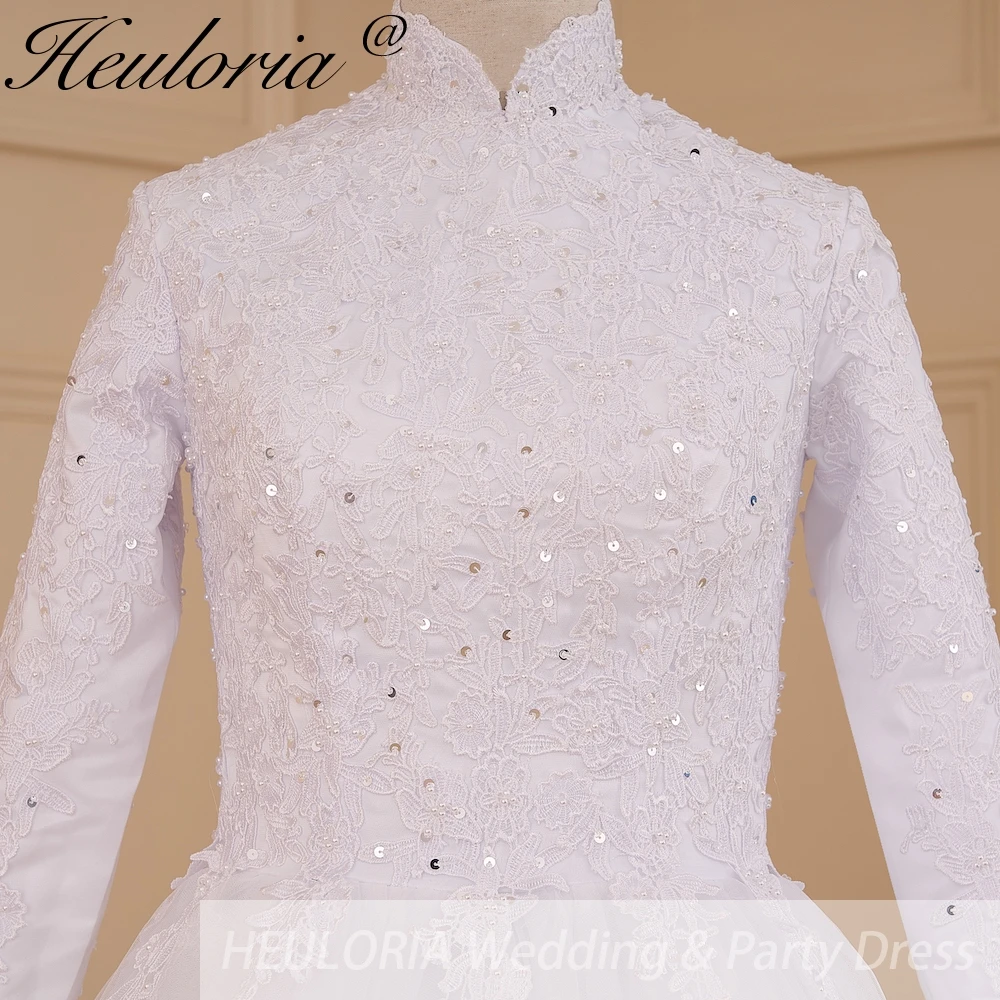 HEULORIA abito da sposa musulmano abito da sposa a maniche lunghe collo alto plus size robe de mariee abito da sposa con perline di pizzo