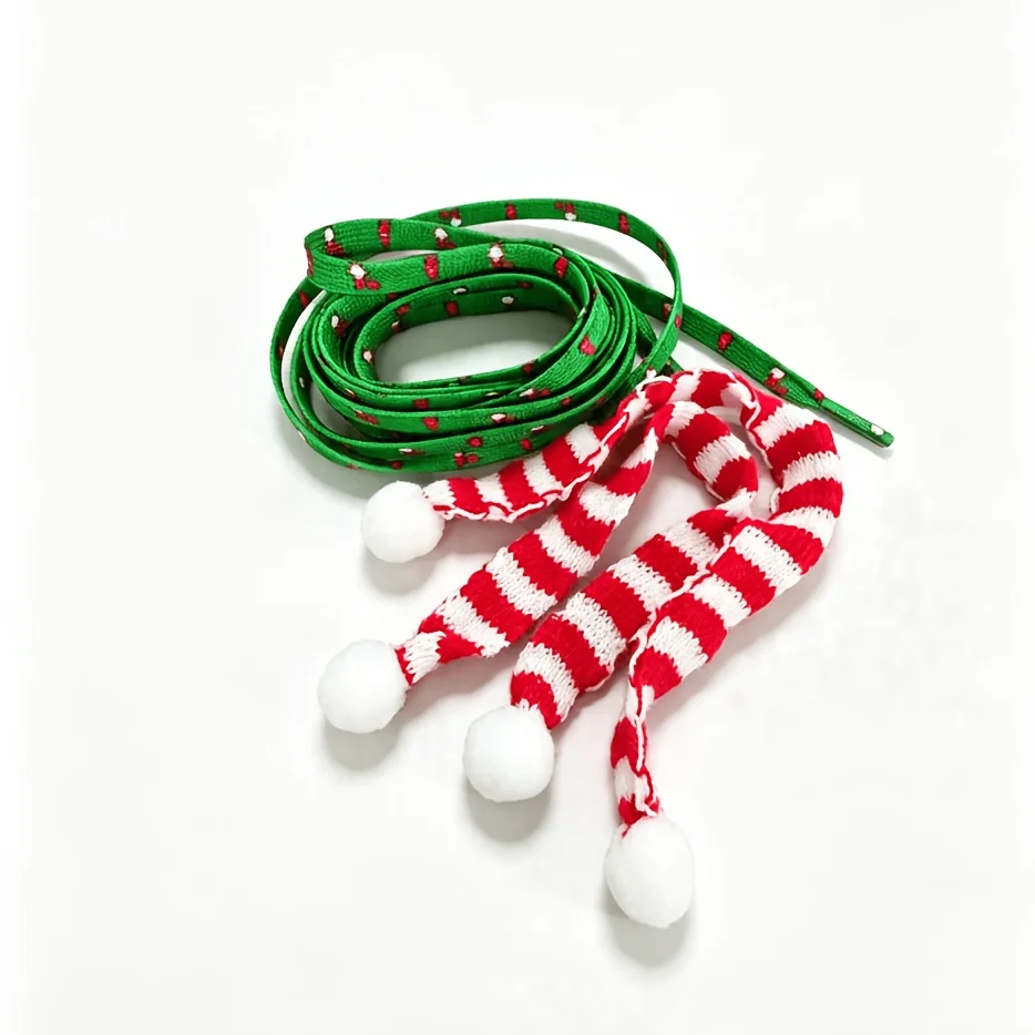 120CM Christmas Green Shoelace, Red Stripe Tassel Ornament, Cute Winter Holiday Shoe Decor for Women Girls Party