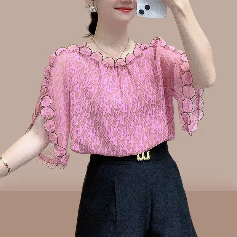 Summer Sweet Ruffles Printing Elegant Fashion Blouse Women Short Sleeve Loose Casual Pullover Blouse Female Casual All-match Top