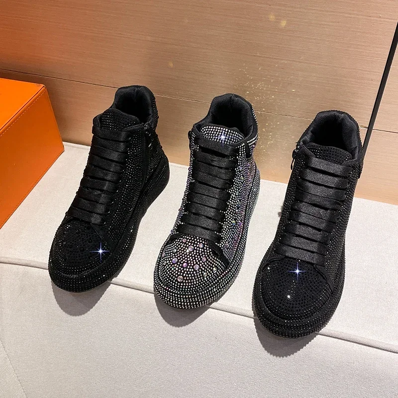 Luxury Designer Platform Sneakers Full Diamond Shoes Versatile Thin Sole Water Diamond Casual Skateboard Shoes Zapatos de Mujer