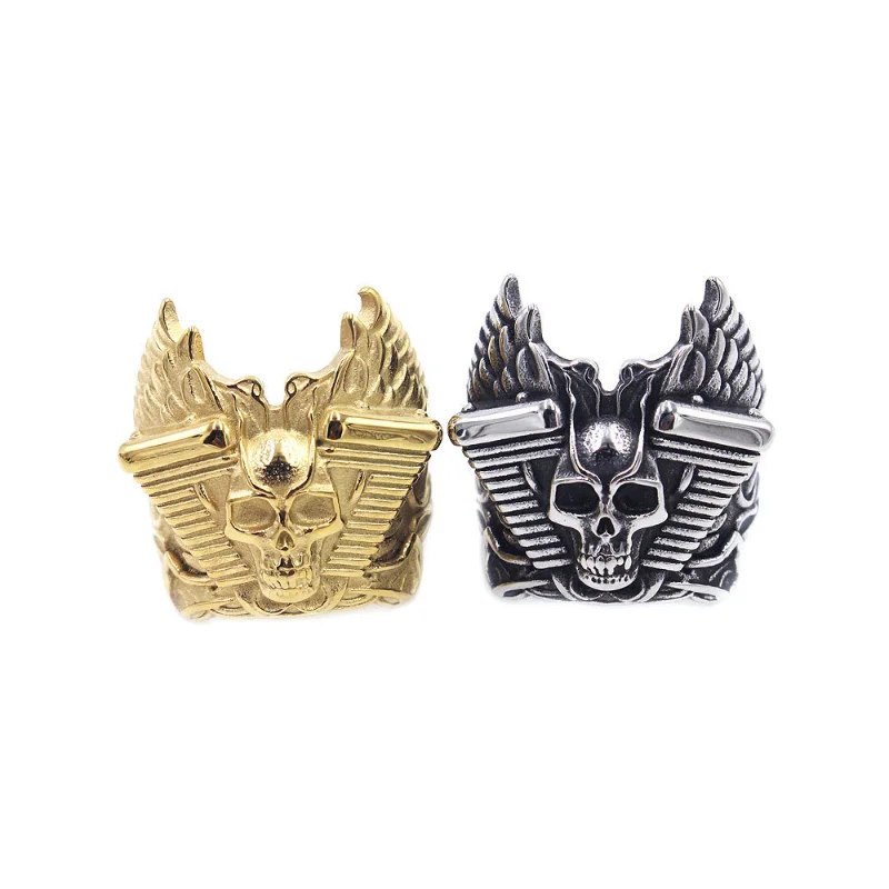 Retro Wing Flame Skull Open Ring Punk Gothic Street Style Unisex Statement Finger Ring Party Jewelry Gift