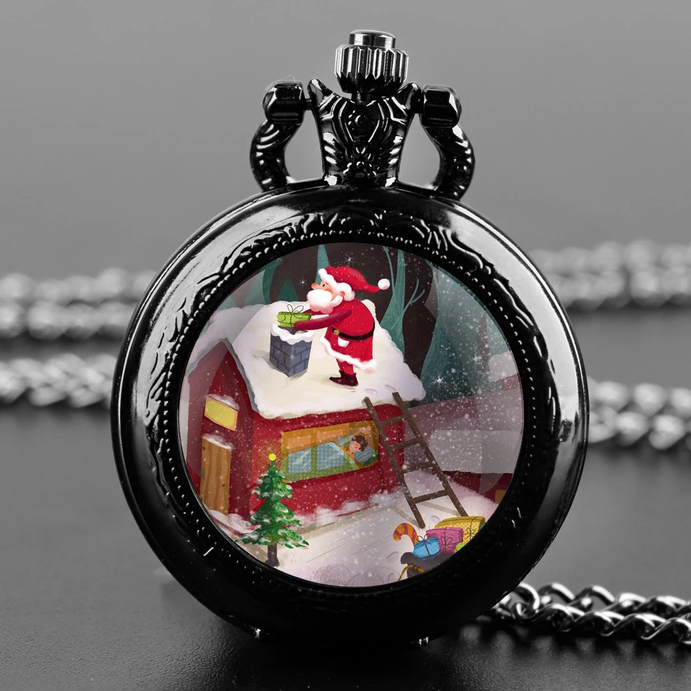 Merry Christmas Santa Claus Glass Dome Quartz Pocket Watch With Durable Chain Arabic Numeral Dial Extraordinary Gifts for Kids