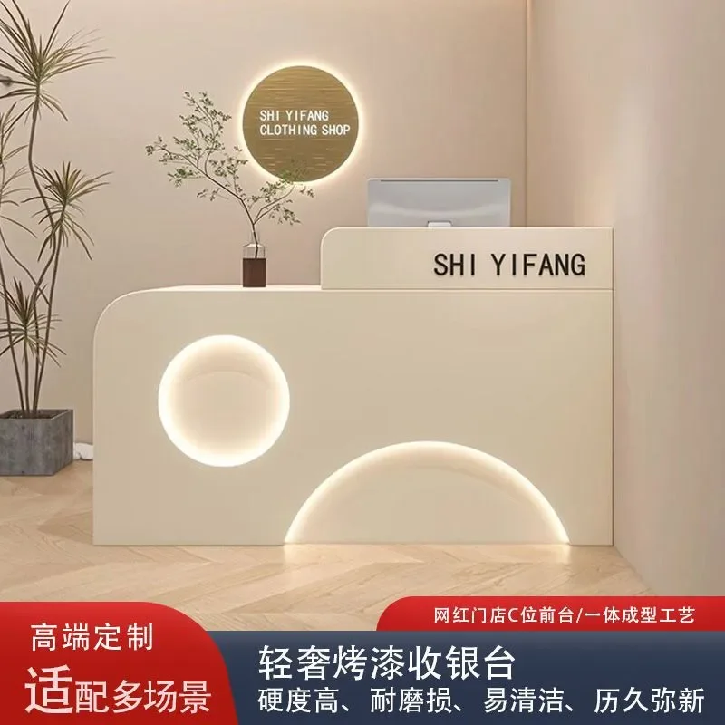 Milky White Curved Reception Desk with Storage for Nail Salon Beauty Shop Commercial Bar Counter Integrated Checkout Station
