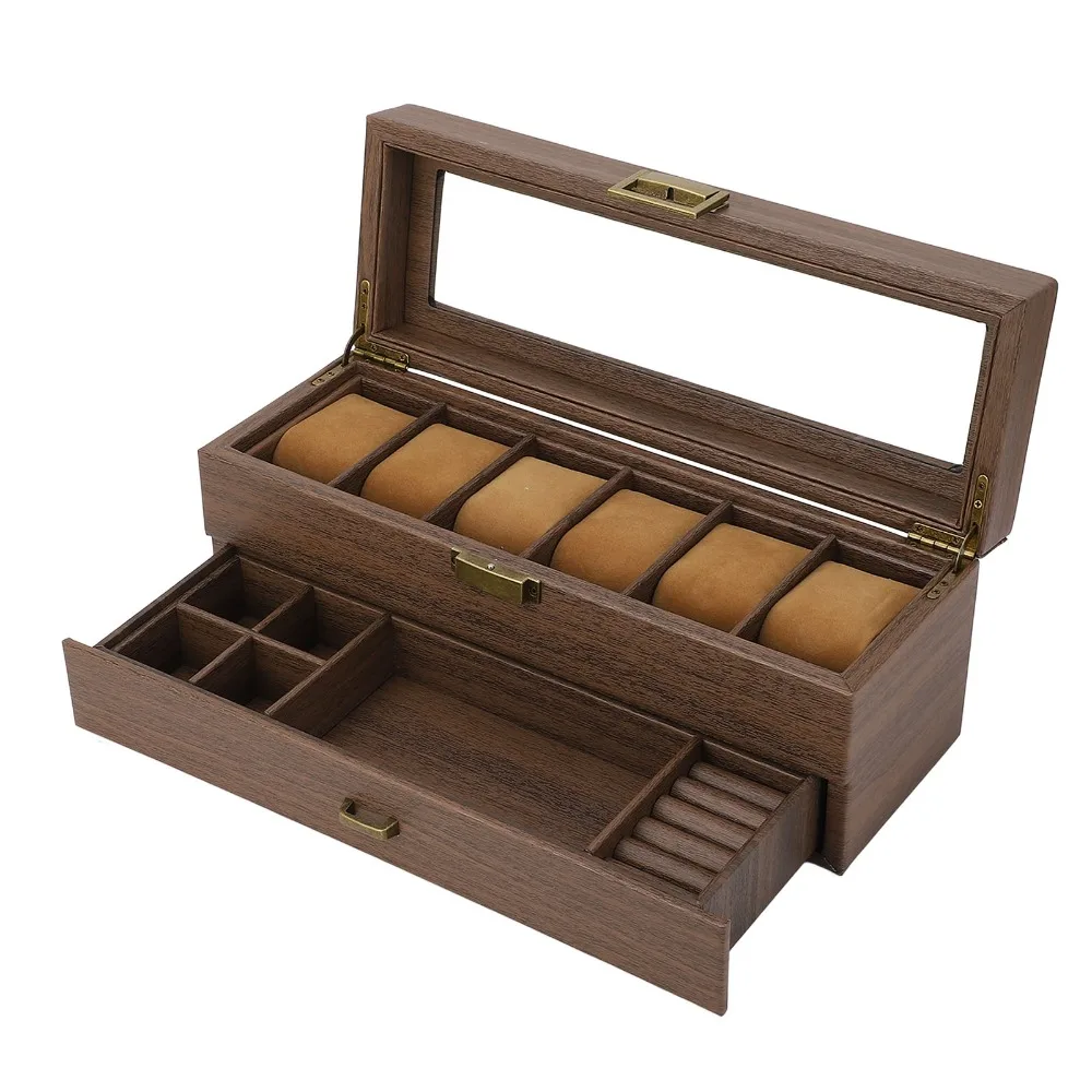 8pcs Black Walnut Wood Watch Holder Organizer Ultra Thin Frame Multiple Slots Watch Storage Box PU Leather Double Layer