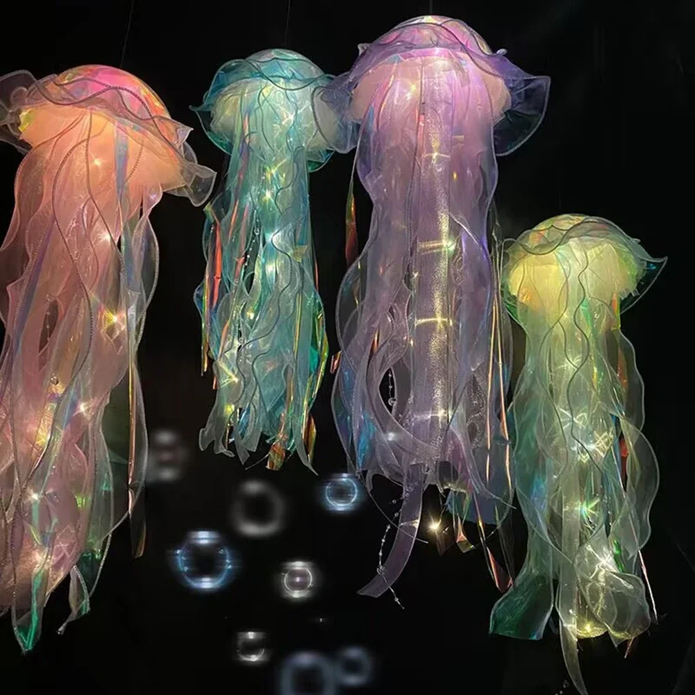 Jellyfish Atmosphere Night Light Button Battery Hanging Ceiling Lantern Creative with Ribbon&Bead for Children Bedroom