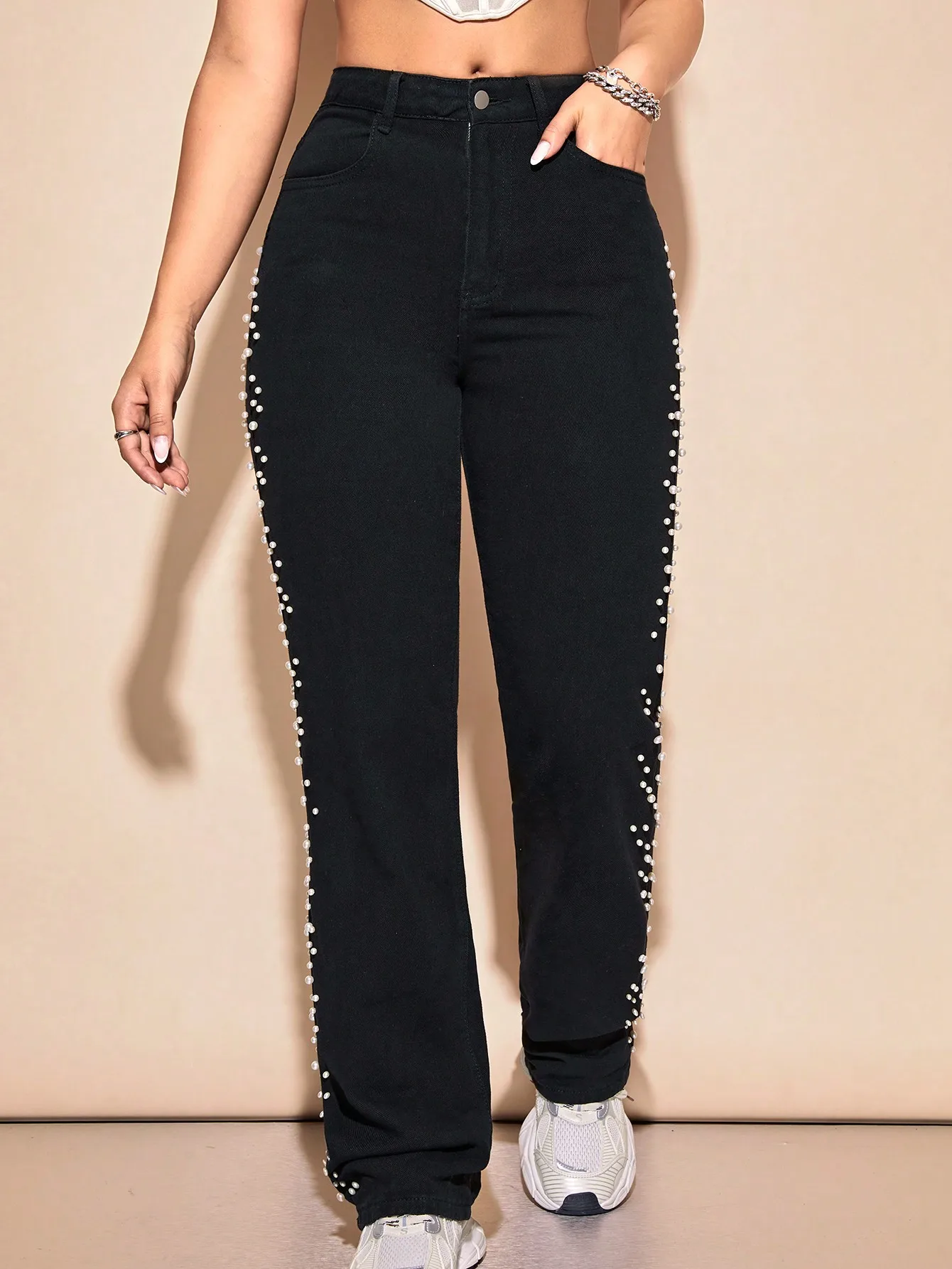 

Straight-leg Jeans Women Beaded Pearls Denim Pants Loose Beading Wide Leg Denim Trousers Streetwear Vintage Fashion Casual Pant