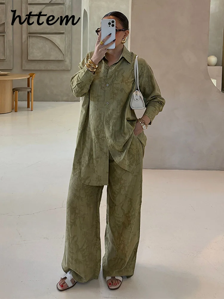 

Loose Print Shirt Pant Sets Women Lapel Long Sleeve Button Blouses Wide Leg Pockets Trousers 2025 Summer Lady Holiday Outfits