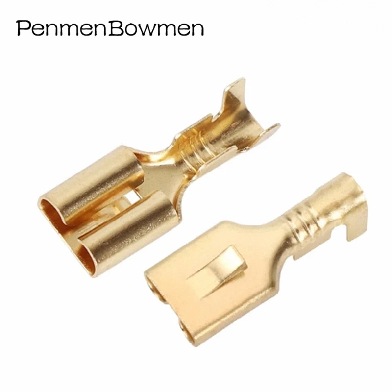 

50 Pcs Brass Gilded 6.3MM Female Flat Plate Barbed Car Relay Spade Crimp Terminal Brass Wire Connector DJ623-E6.3B