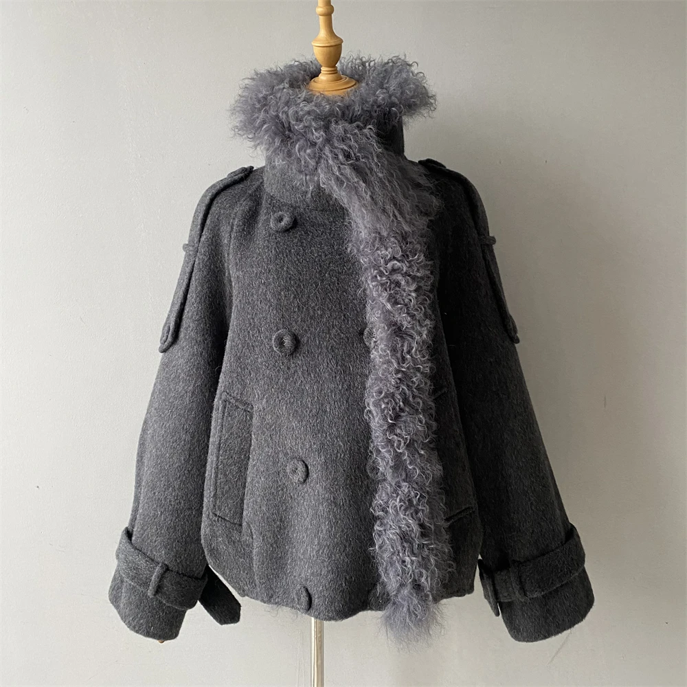 Jaxmonoy Women's Winter Coat New Arrival Wool Jacket with Real Sheep Fur Trim Ladies Fashion Warm Overcoat Lady New In Outerwear