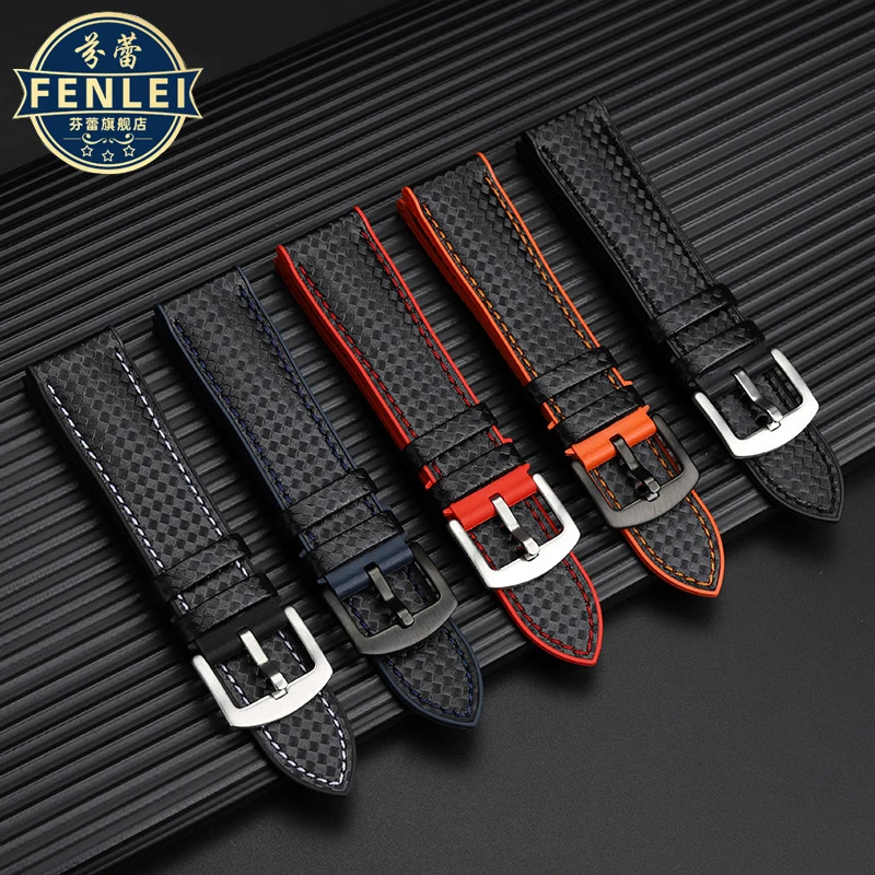 Pulseira de borracha impermeável para homens, Panerai PAM111 441 Breitling Watch Band, Carbon Fiber Pattern, Cow Leather, Accessories, 22mm, 24mm