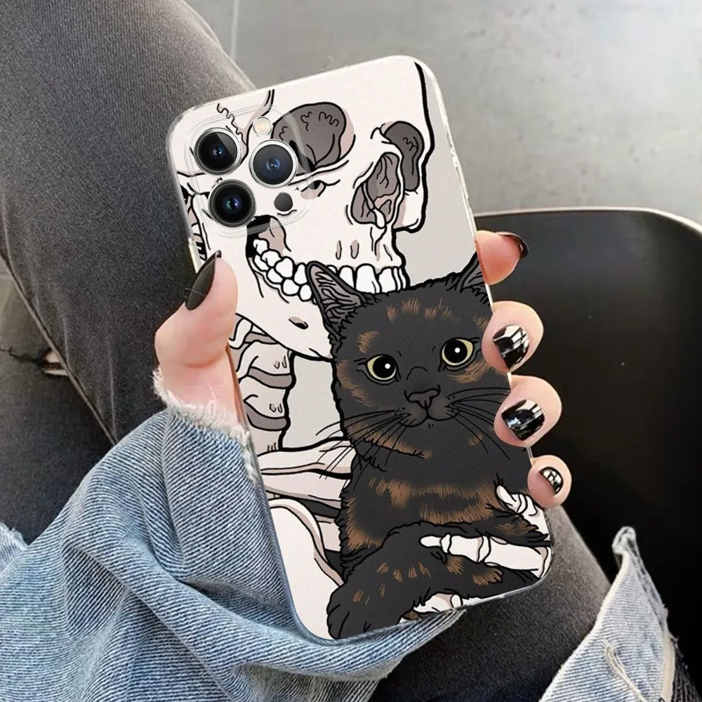 Cute Cartoon Skull Cat Phone Case for iPhone 15 8 7 6 6S Plus X SE 2020 XR XS 14 11 12 13 Mini Pro Max Mobile Case