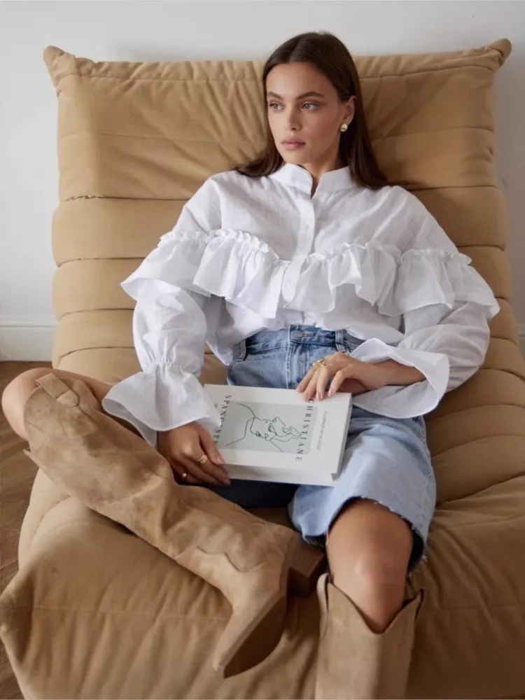 Frau Elegante Solide Hemd Mode V-ausschnitt Ausgestellte Ärmel Lose Top Frühling Herbst Dame Ausländischen Stil Rüschen Rand Spleißen Blusen