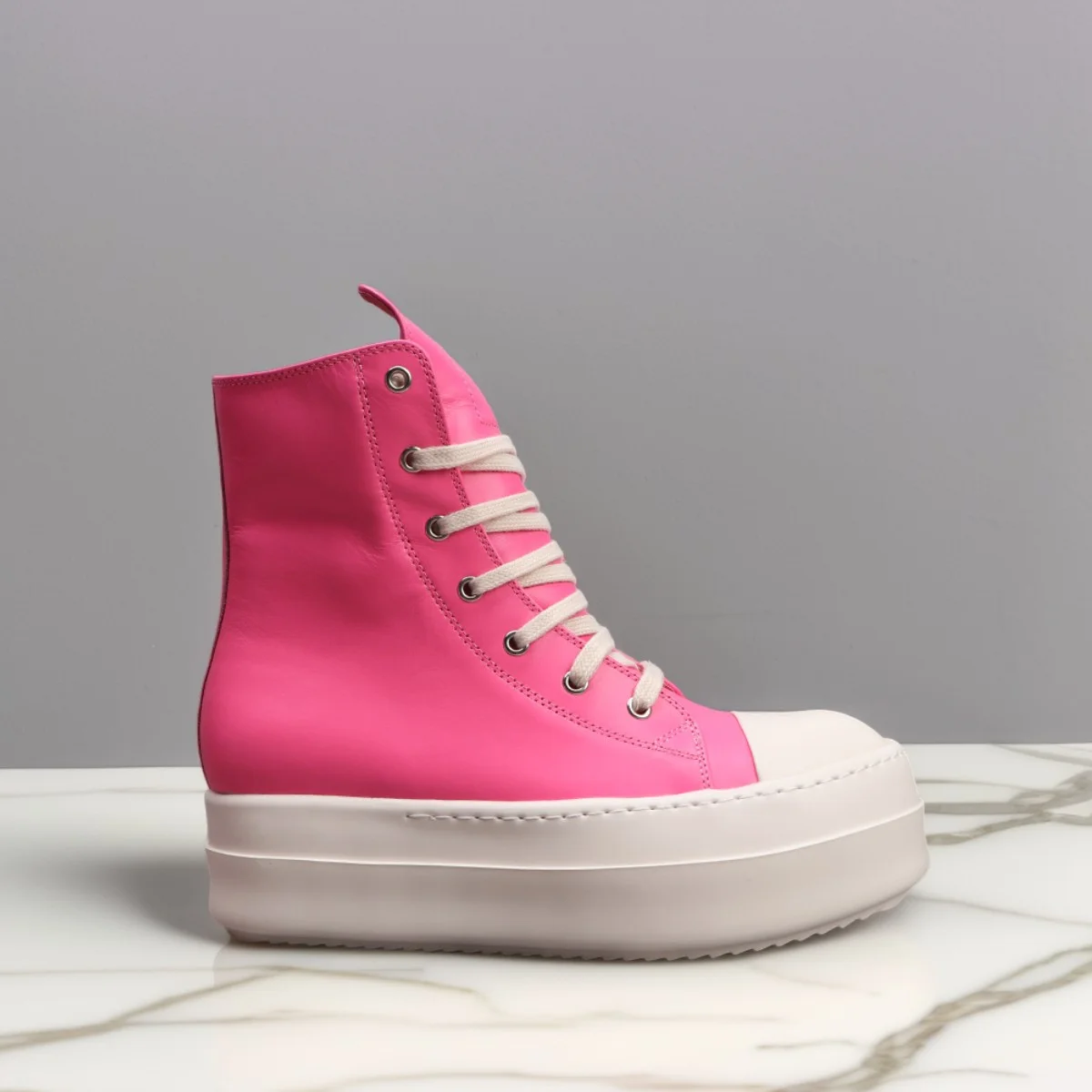 Men's Casual Genuine Leather Boots Women High Top Lace-Up Black Pink Platform Luxury Designer Sneakers For Autumn