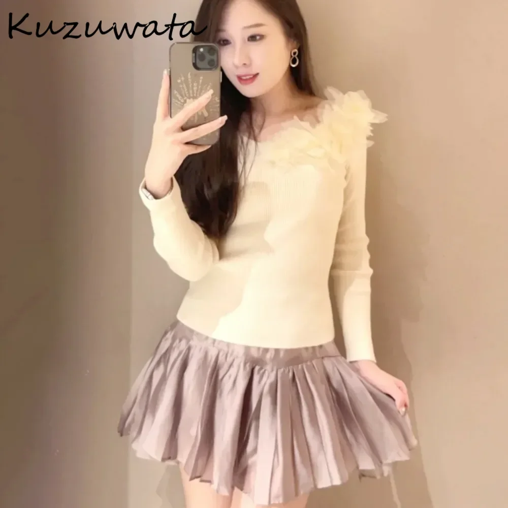 Kuzuwata Long Sleeve Slash Neck All-match Pullover Knit Sweet Fresh Three-dimensional Sweaters Japan Solid New Fresh Women Tops