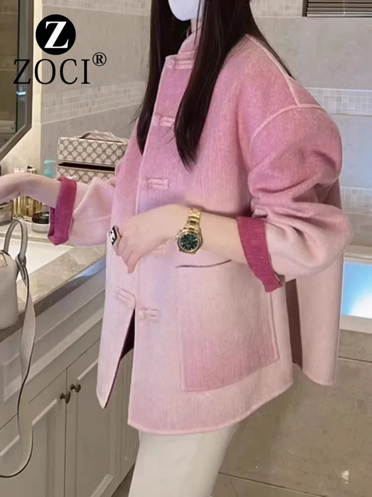 [ZOCI] 2024 New Chinese Style Buckle Gradient Woolen Coat For Women In Autumn And Winter High-end And Stunning New Fashion