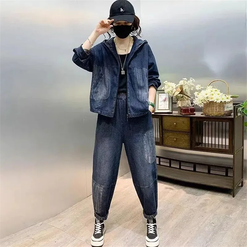 Spring Autumn Hooded Women's Denim Suits 2025 New Loose Female Denim Coat + Fashion High Waisted Harun Jeans Two-Piece Sets