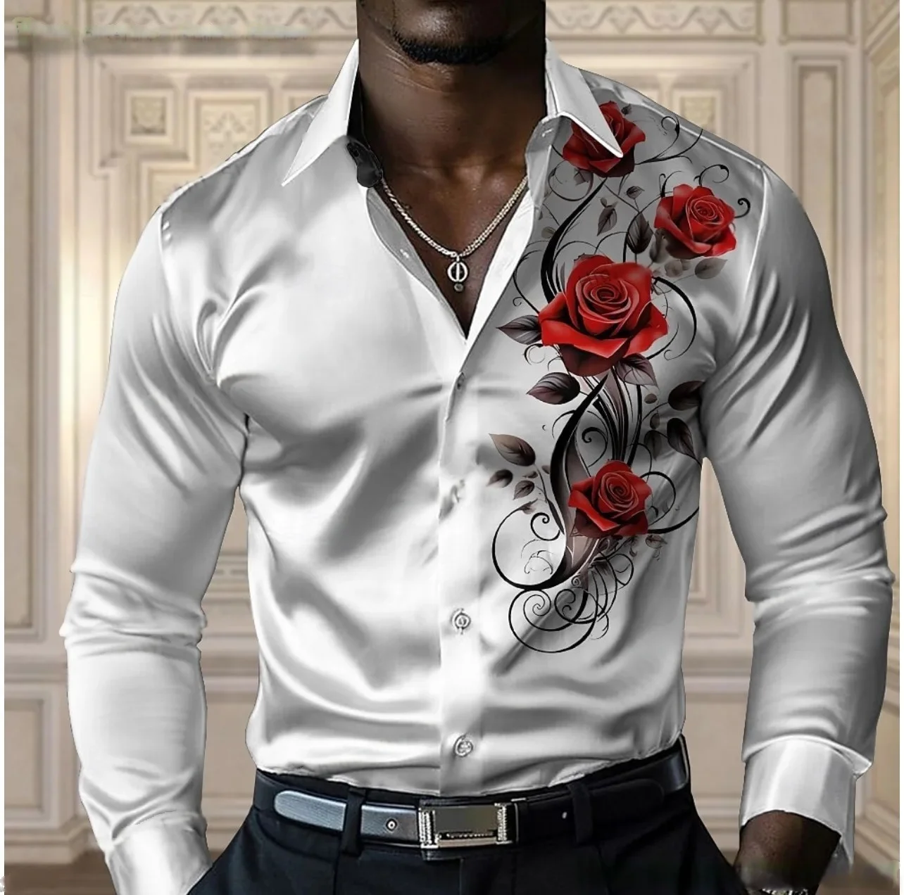 

2025 High end men's rose shirt casual and comfortable button up long sleeved shirt fashionable four season shirt﻿