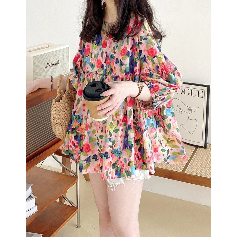 O-neck Floral Sweet Loose Shirt Tops 3/4 Sleeve All-match Youth Printing Korean Blouse Summer New Fashion Elegant Women Clothing