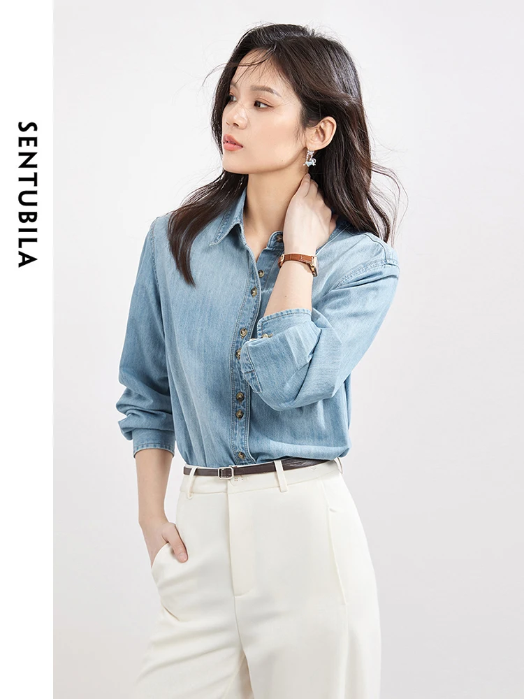 SENTUBILA Cotton Denim Shirt Women 2024 Autumn Casual Long Sleeve Polo Collar Button Up Shirts & Blouse Woman Clothing W41C53623