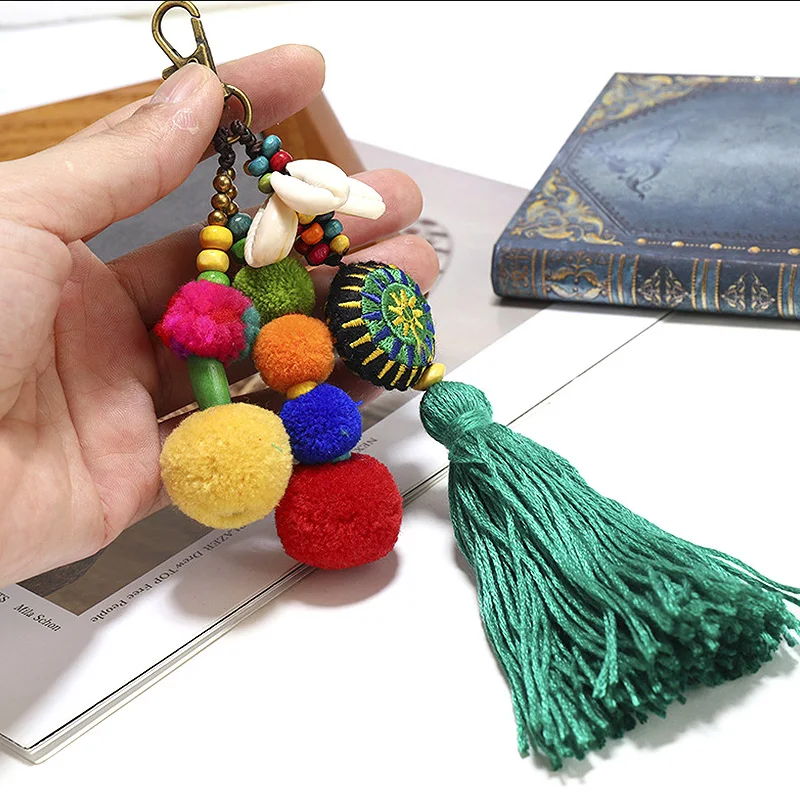 Wood Beads Key Chain Pompon Keychain Bohemian Sytle Car Bag Hanging Tassel Pendant Keychains Pompom Holder Women Jewelry