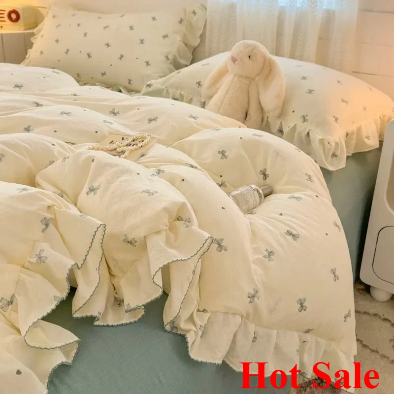 

New Princess Style Bedding Sets Ruffle Lace Bow Quilt Cover Romantic Bedclothes Decor Woman Girls Bedroom Duvet Cover 4pcs
