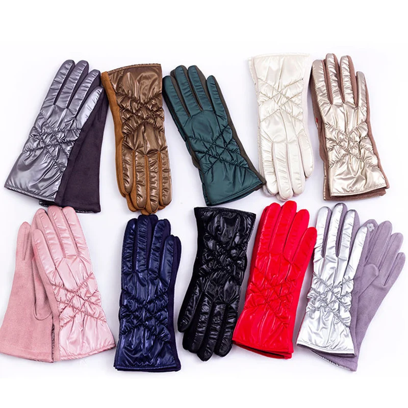 Fashion Down Cotton Plus Velvet Outdoor Windproof Cycling Mittens Women Winter Full Finger Touch Screen Driving Warm Gloves S99