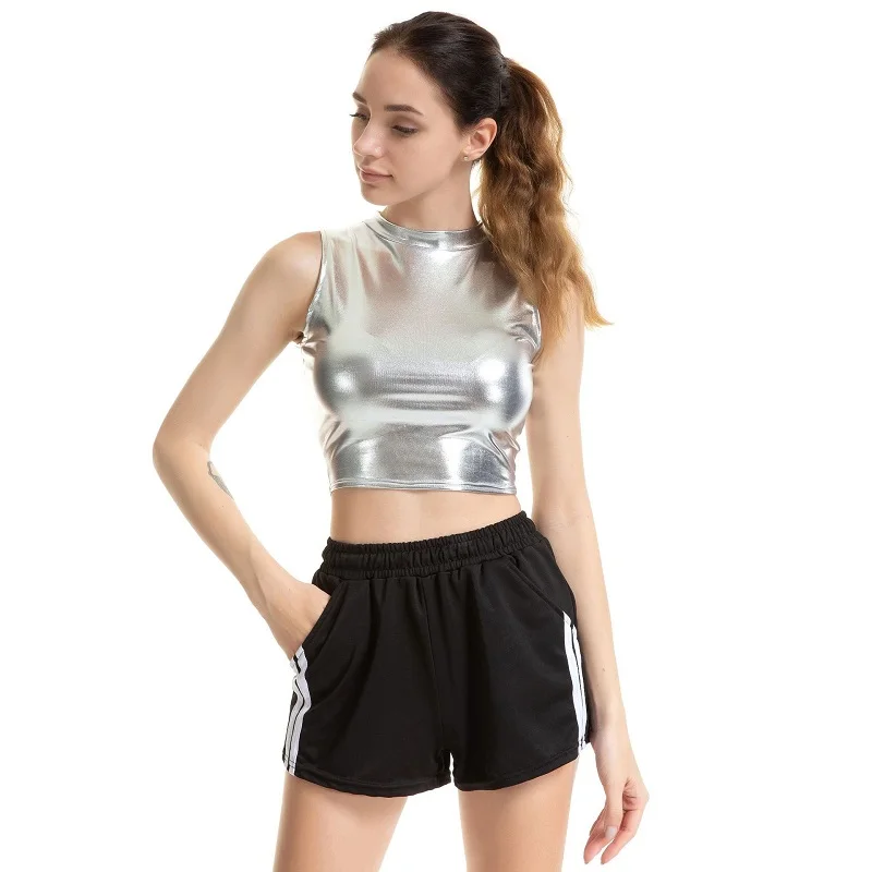 Shiny Silver Holographic Multi Designs Tank Tops Fashion Strapless Tube Top Turtleneck Crop Top New Strap Camis Sleeveless Vest