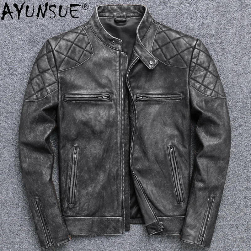 

AYUNSUE 2024 Genuine Leather Jacket Mens Cowhide Jackets Vintage Autumn Coats Casual Jaqueta Masculina SQQ331