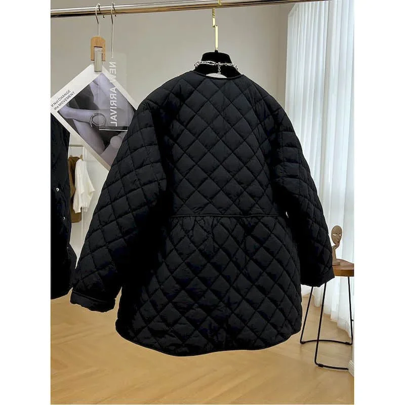 Pop Quilted Coats Women Rhombic Lightweight Cotton Added Korean Style V-neck Lace-up Jackets Casual Vintage Winter Clothes Women