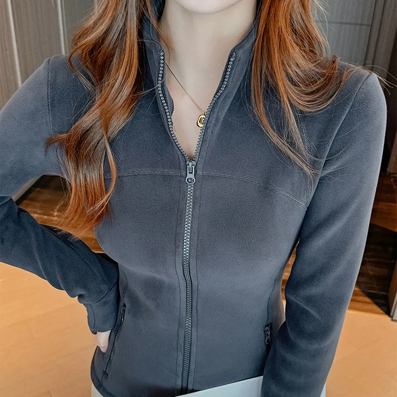 

American Retro Zipper Sporty Coats Women Autumn Winter Thicken Fleece Half-High Collar Jacket Fashion Thumb Hole Streetwear Tops
