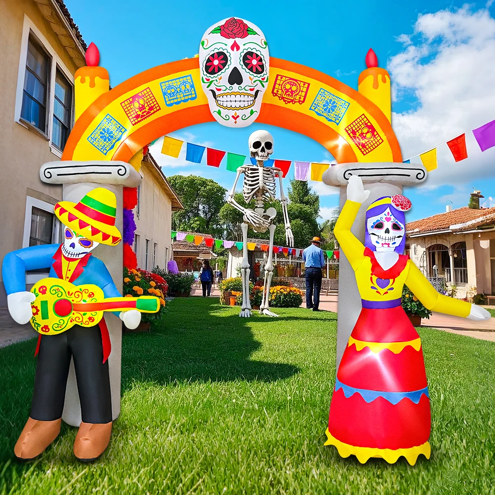 KOOY 9 Ft Day of The Dead Halloween Inflatables Archway Dia De Los Muertos Decorations Inflatable Arch with Skull Skeleton LED L
