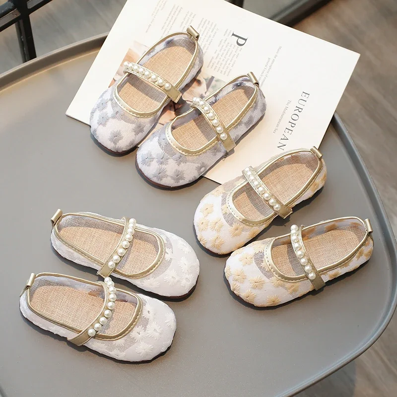

Girls Toddler Sandals 2-12 Years Old Breathable Pearl Flowers Beige Girls Mary Jane Shoes Gray Non-slip Children's Single Shoes