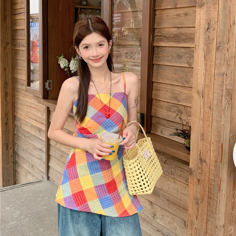 Women's Colorful Plaid Cami Top Summer Sleeveless Square Neck A-line Casual Top Y2k Streetwear