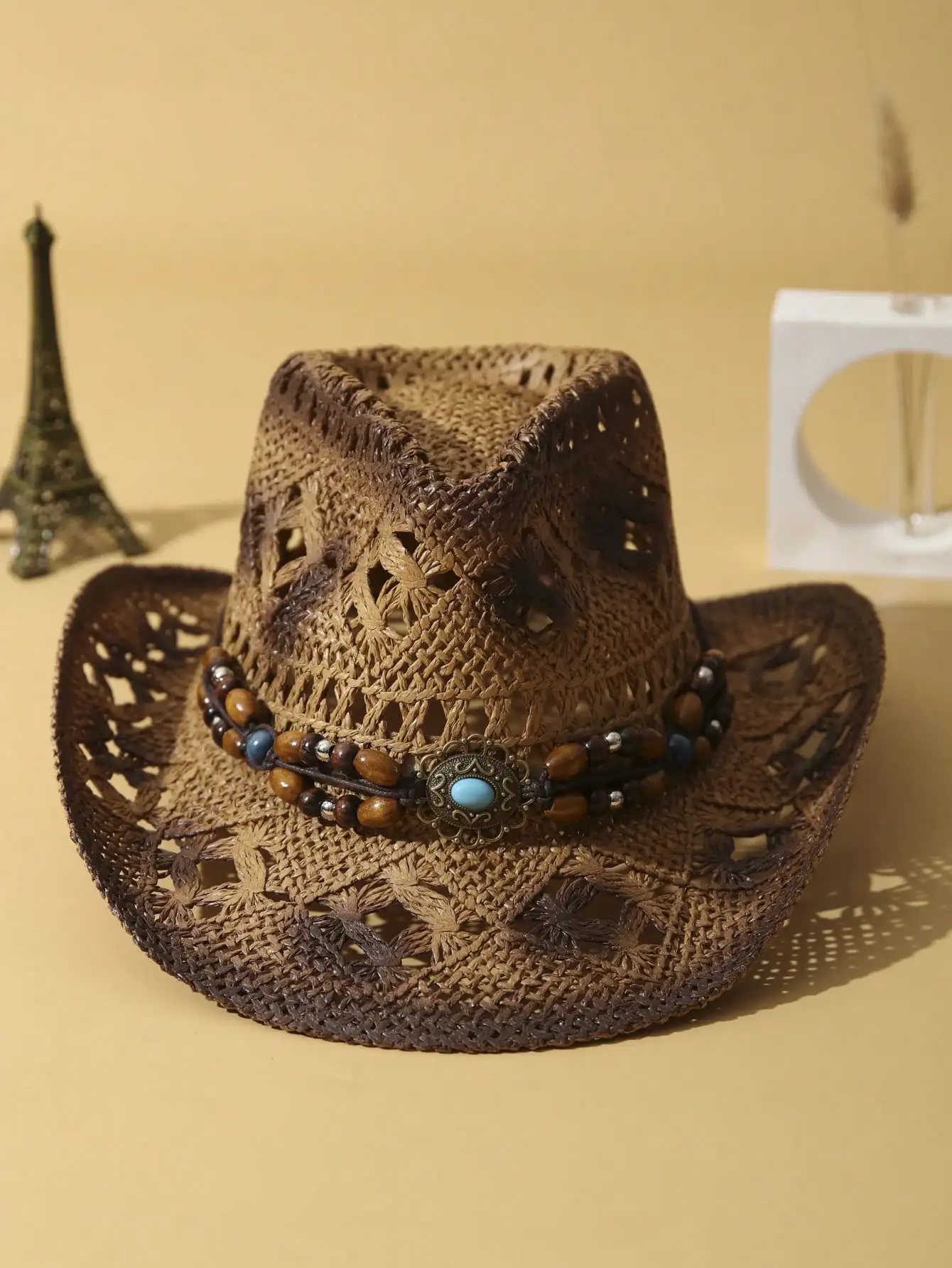 1‑Piece Unisex Hand‑Woven Boho Straw Sun Hat, Hollow‑Out Dye‑Printed Wide‑Brim Cowboy Cowgirl Beach Hat with Wooden Bead Decor & Beaded Trim Band, Breathable Shade Hat for Summer Travel