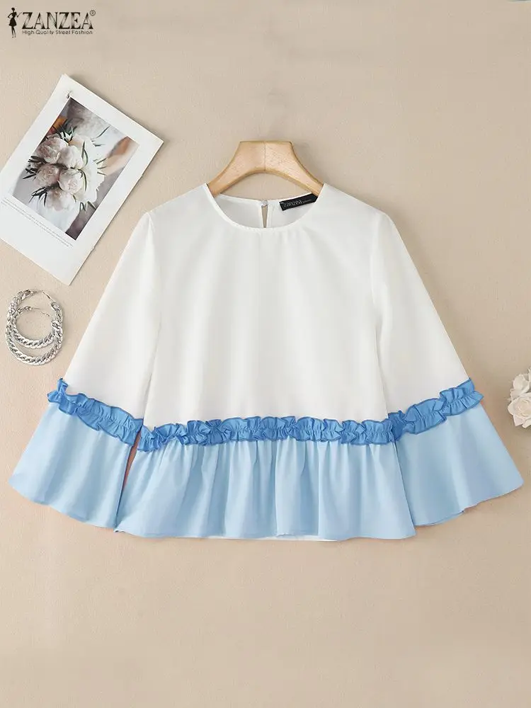 

ZANZEA 2025 Summer Women Tops Stylish 3/4 Flare Sleeve Shirt Patchwork Cropped Tops Tunic Femme Elegant Ruffled Office Blouse