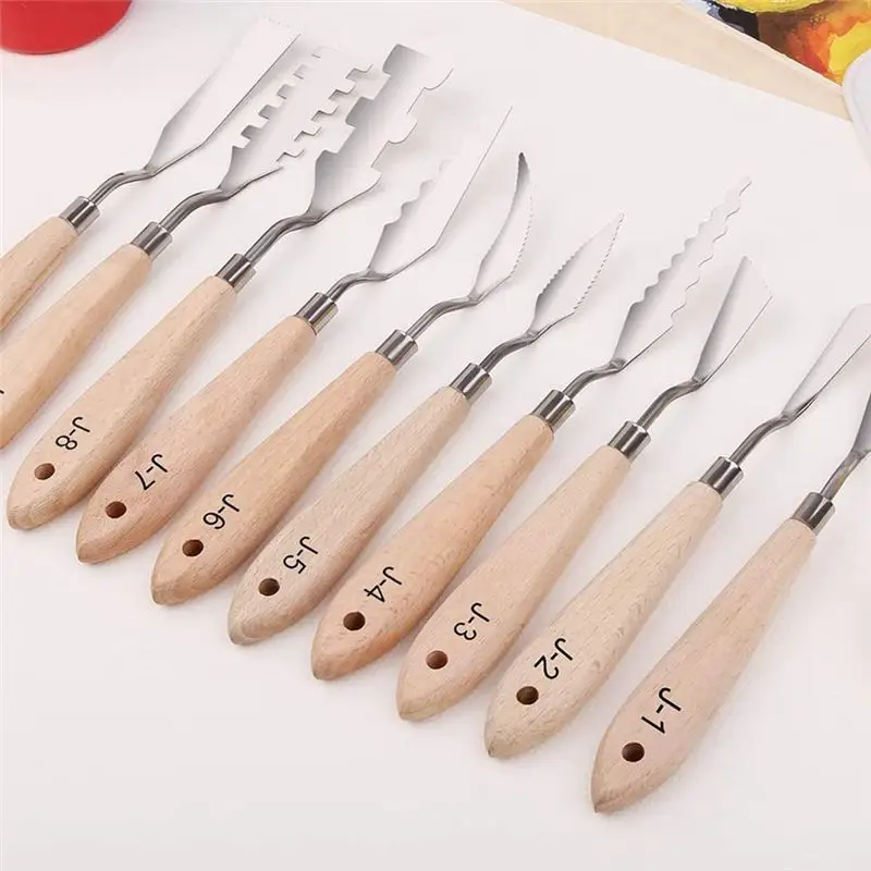 Paint Knife Set - 10Pcs Stainless Steel Spatula Palette Knife Painting Tools Metal Knives Wood Handle Durable-Tvdae