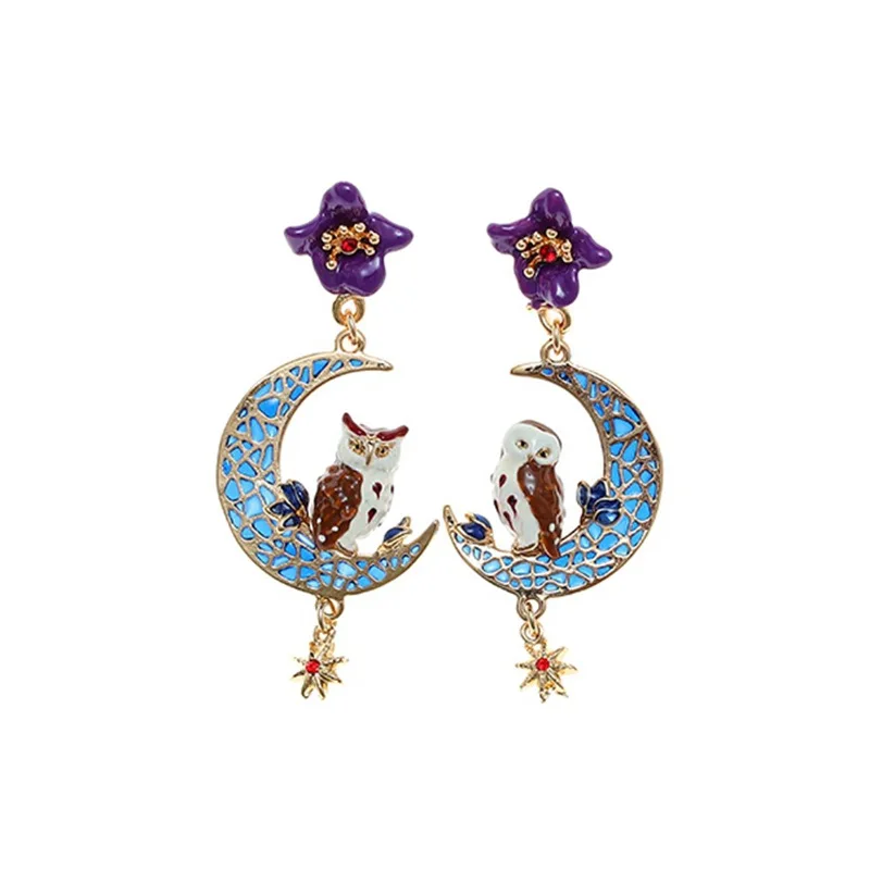 

New Retro Fashion Cute Brown Owl Pendant Handmade Enamel Blue Moon Charms Little Star Tassels Purple Flower Earrings for Women