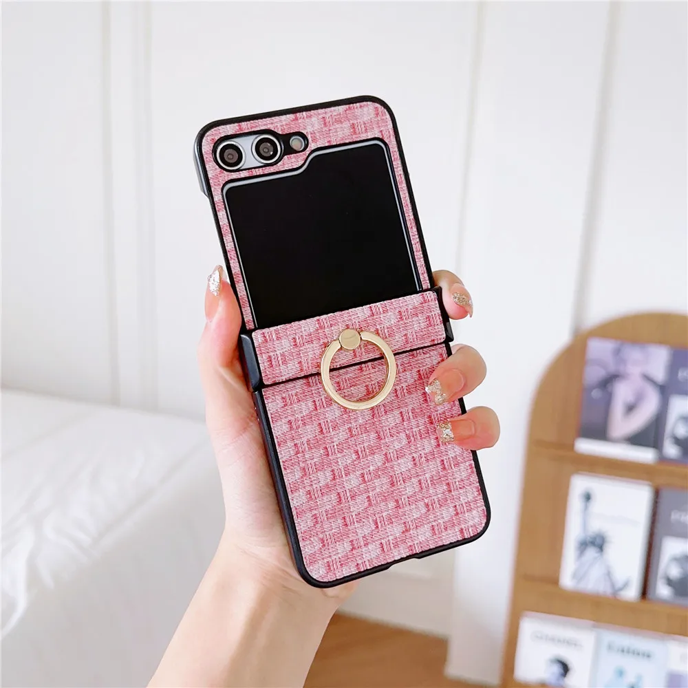 Checkered Pattern PU Leather Ring Phone Case for Samsung Galaxy Z Flip 5 4 3 Flip5 Flip4 Flip3 5G Hard Shell Shockproof Cover